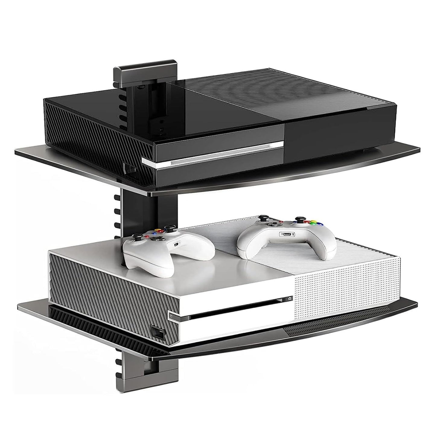 Suptek Glass Floating Shelves, TV Wall Mount with Shelf for DVD Player / PS4 / Cable Boxes/Game Consoles/Sky Box/TV Accessories, Flat Black 2-Tier Wall Mount Bracket