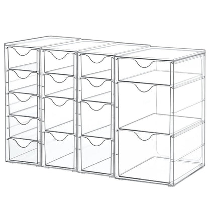 Vtopmart 4 Set Acrylic Desk Organizer with 16 Drawers for Office, Makeup | Clear Storage Drawers for Office Supplies, Desktop Organization for Makeup, Jewelry, Art Crafts, Bead, Pen, Stationary