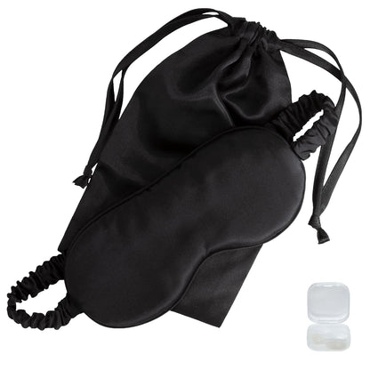 Mulberry Soft Silk Eye Mask for Sleeping with Ear Plugs & Luxury Bag - Cooling Night Eye Covers Sleep Face Mask for Women - Blindfold Travel Eye Mask Blocking Out Light - Black