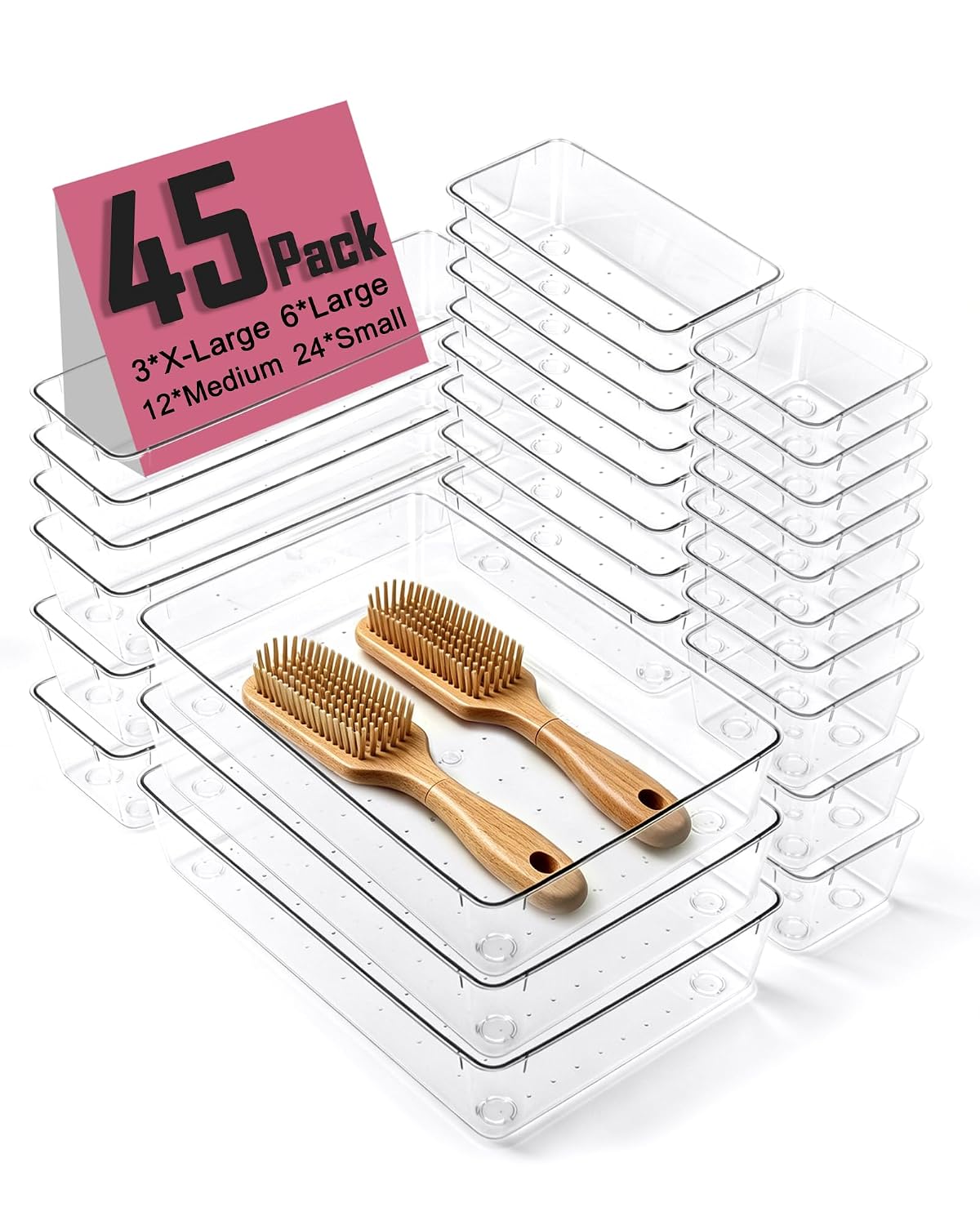 45Pack Makeup Drawer Organizers Set, 4Sizes acrylic desk organizer trays for vanity, bathroom, office, nightstand, junk for kitchen drawer, Versatile plastic drawer divider storage bins