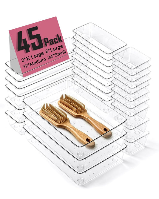 45Pack Makeup Drawer Organizers Set, 4Sizes acrylic desk organizer trays for vanity, bathroom, office, nightstand, junk for kitchen drawer, Versatile plastic drawer divider storage bins