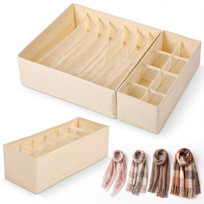 Soft Scarf Organizer for Closet Drawer 3 Set Fabric Storage Bins with 6, 7, and 8 Compartments for Scarves and Accessories Space Saving Closet Organizers Non Damaging Flexible Storage for Home (Beige)