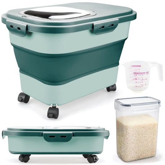 Rice Storage Containers, Collapsible 20 to 30Lbs Food Storage Bin Dispenser with Rolling Wheel and Clear Airtight Lid, BPA Free Flour, Sugar, Cereal and Dog Cat Pet food Containers