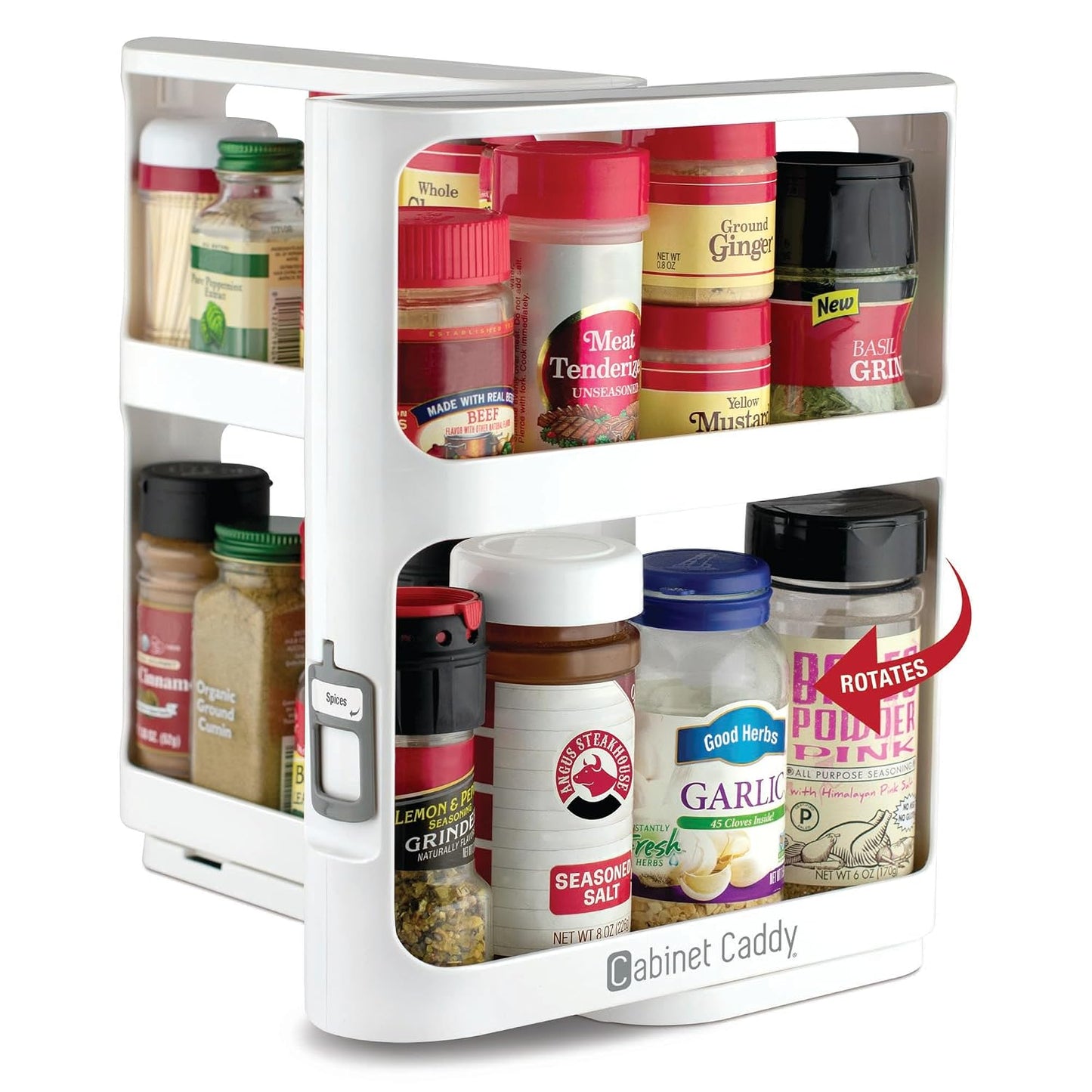 Spice Rack Organizer for Cabinet - Slide & Rotate Kitchen Organizers and Storage - 2 Double-Decker Shelves - Non-Skid Base - Magnetic Modular Design - 10.8" H x 5.25" W x 10.8" D