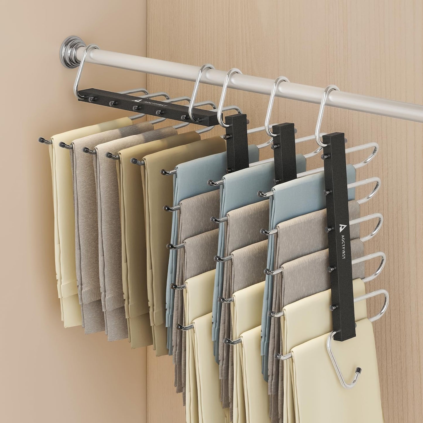 4 Pack Pants Hangers Space Saving,Closet Hanger Space Saver,Black | Stainless Steel , 5 Multi Tiers,Compact Hanging Jeans Organizer,Vertical Pant Rack for Jean Leggings Trousers,Scarf