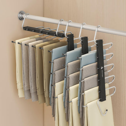 4 Pack Pants Hangers Space Saving,Closet Hanger Space Saver,Black | Stainless Steel , 5 Multi Tiers,Compact Hanging Jeans Organizer,Vertical Pant Rack for Jean Leggings Trousers,Scarf