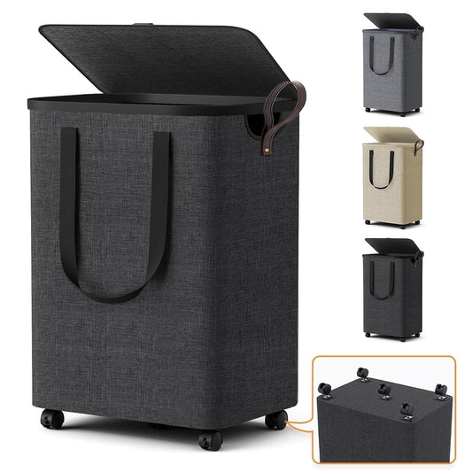 Laundry Basket with 5 Wheels, Rolling Laundry Hamp... (Deep Gray | Polyester Blend)