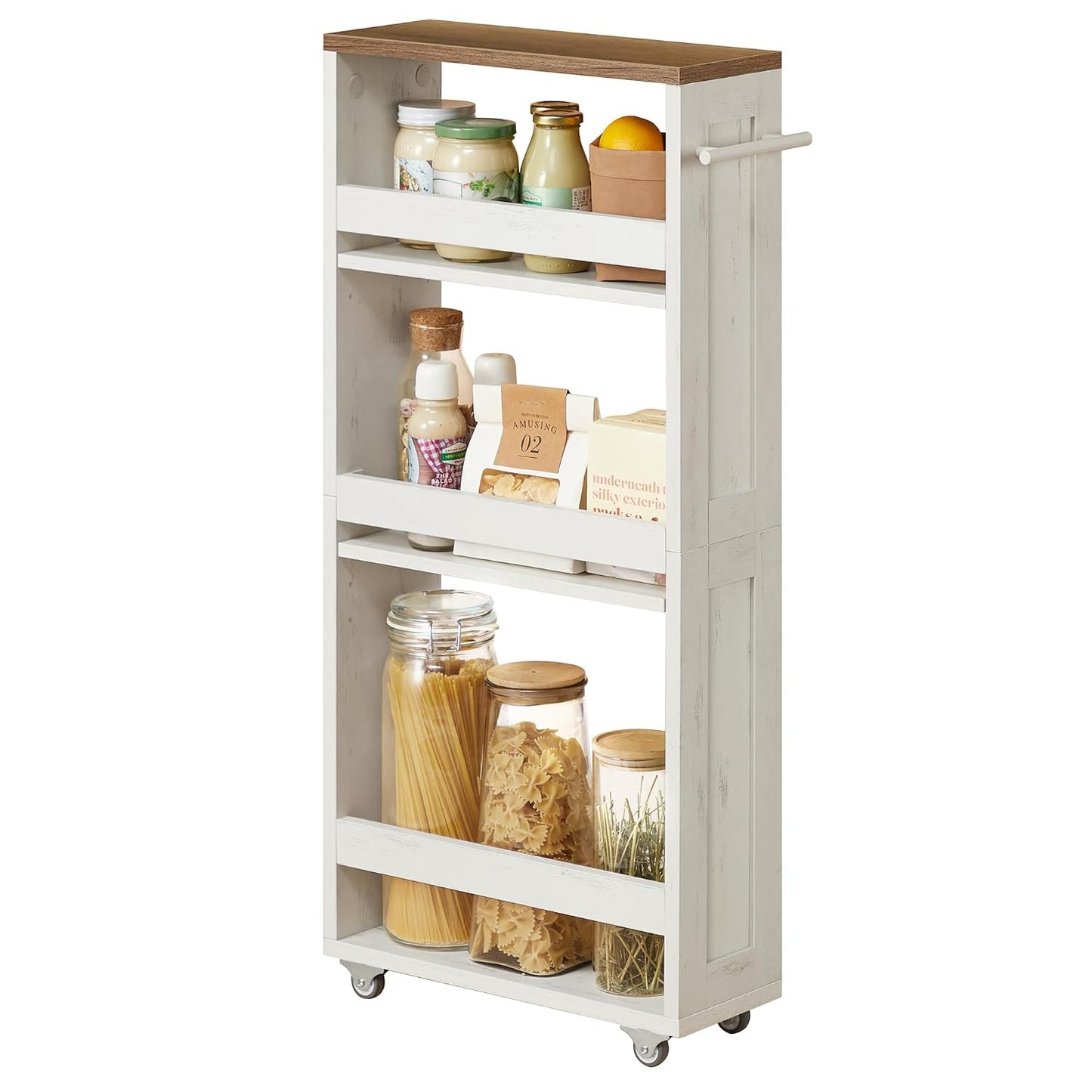 VASAGLE 4-Tier Slide-Out Storage Cart, Slim Kitchen Cart for Small Spaces, with Wheels, Handle, Bathroom, Laundry Room, 5.9 x 17 x 34.1 Inches, Rustic White and Honey Brown ULRC050K01