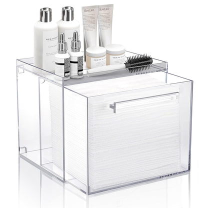 Acrylic Disposable Facial Towels Holder, Wall-Mounted, Clear | Premium Thicken Acrylic | Compatible with Clean Skin Club Towel XL | Skin Care Organizer with Drawer | Bathroom Vanity