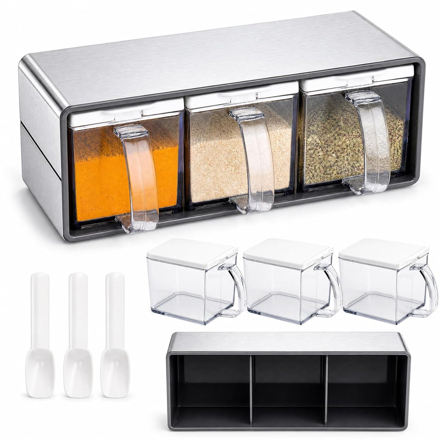3 Grids Seasoning Organizer Box, Stainless Steel Salt Container with Lid and Spoon, Seasoning Containers with Stainless Steel Rack for Home, Kitchen, Cafe, Storing Salt, Sugar, Pepper, Spice