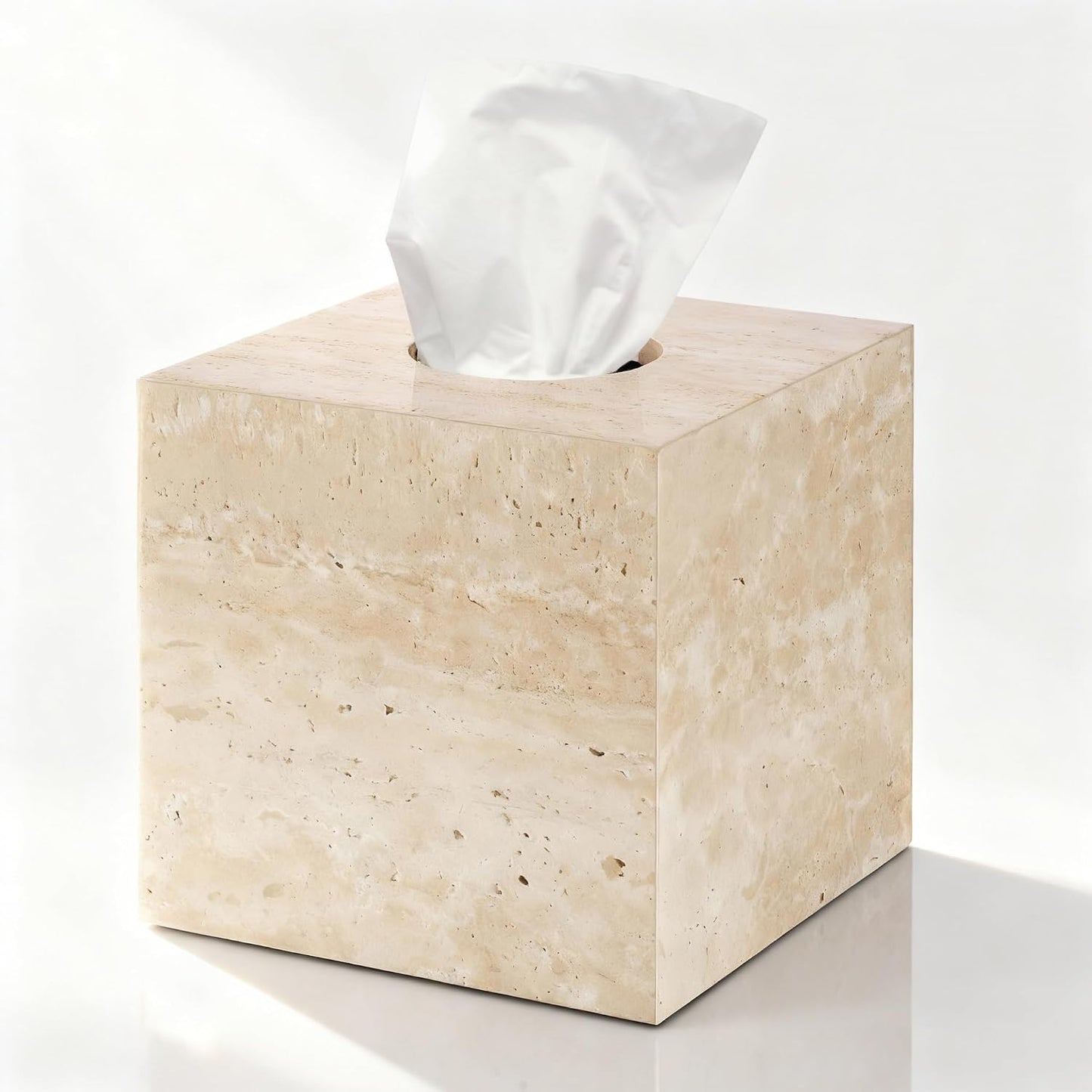 Natural Travertine Marble Tissue Box Holder Cover, Square Cube Tissue Box Holder with Open Bottom for Bathroom Vanity Tops, Bedroom Dressers, Kitchen Countertop, Travertine Beige(NS022)