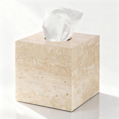 Natural Travertine Marble Tissue Box Holder Cover, Square Cube Tissue Box Holder with Open Bottom for Bathroom Vanity Tops, Bedroom Dressers, Kitchen Countertop, Travertine Beige(NS022)