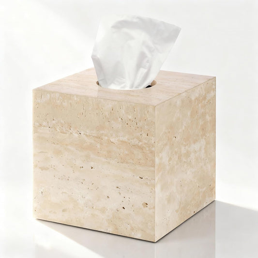 Natural Travertine Marble Tissue Box Holder Cover, Square Cube Tissue Box Holder with Open Bottom for Bathroom Vanity Tops, Bedroom Dressers, Kitchen Countertop, Travertine Beige(NS022)