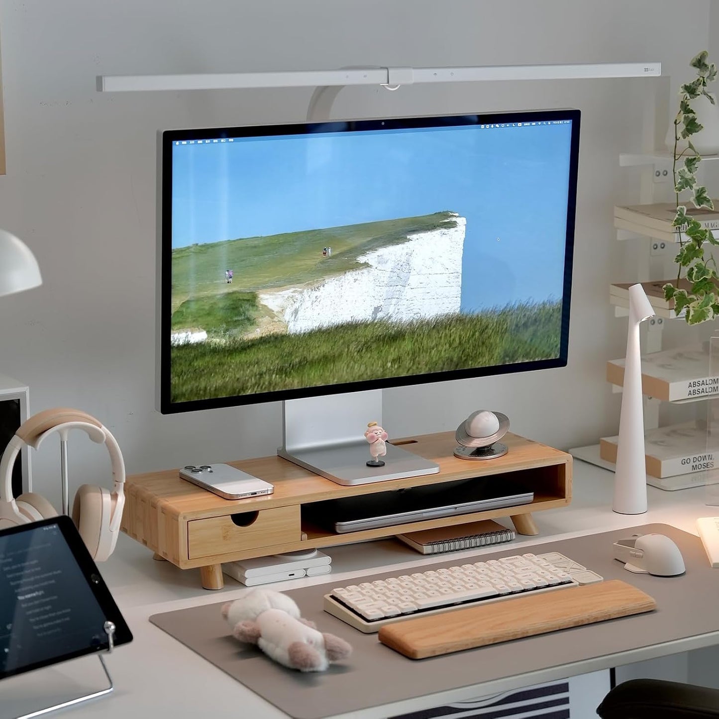 Bamboo Monitor Stand Riser with Drawer | Ergonomic Computer Riser for Desk with Cable Management & Storage Organizer, Wood Monitor Stand for Home Office