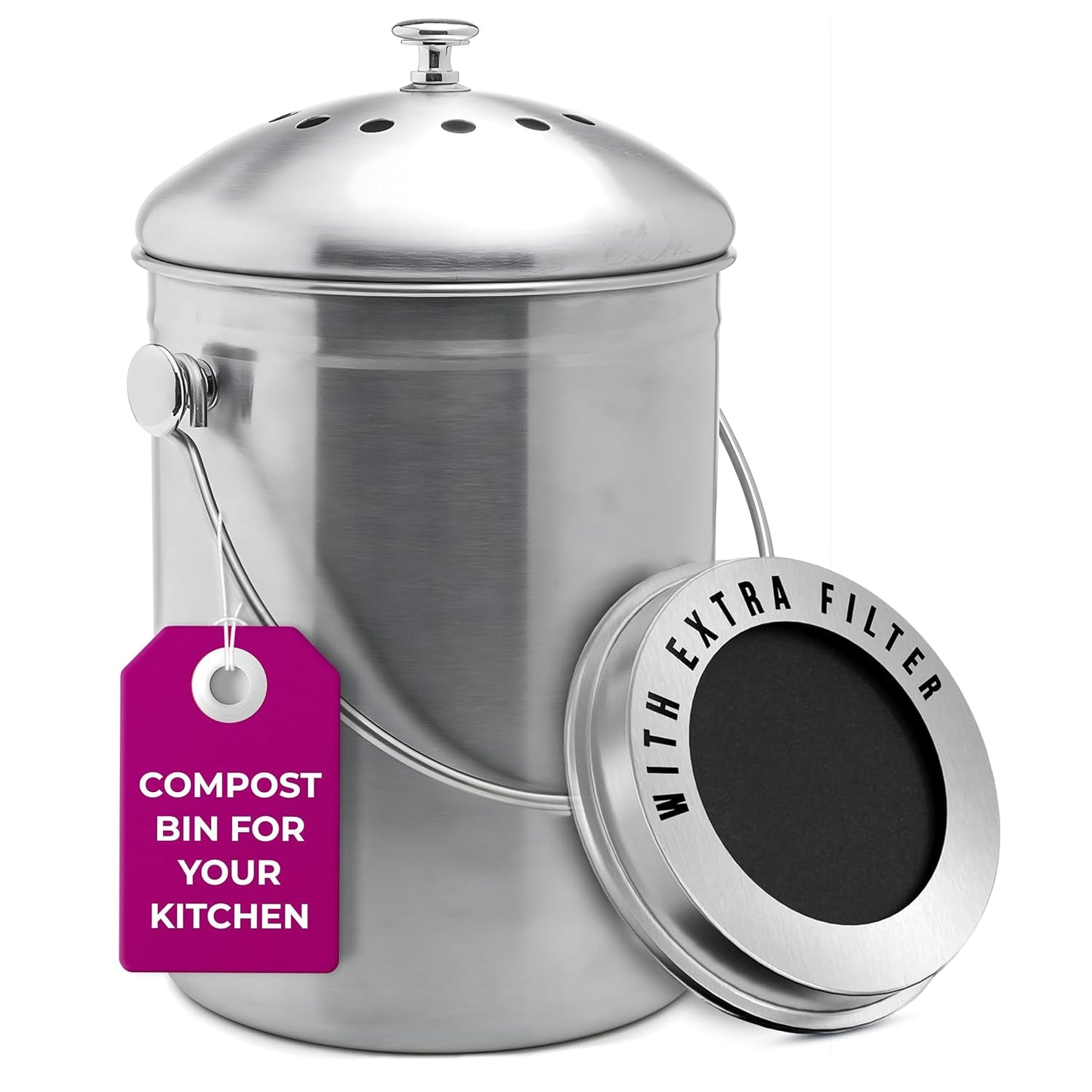 Epica Kitchen Compost Bin for Kicthen Countertops, 1.3 Galllon - Silver | Stainless Steel, Rust- Resistant, Resistant to Leaks, Replaceable Charcoal Filter for Odorless Composting