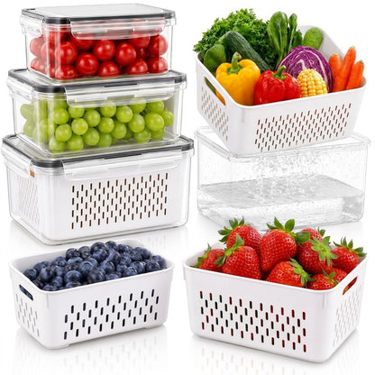 Fruit Storage Containers for Fridge with Lids, Fridge Organizers and Storage Produce Saver Box with Removable Drain Basket for Fruit Berry Salad Vegetable Meat, 380ml to 3150ml (4 Pack)