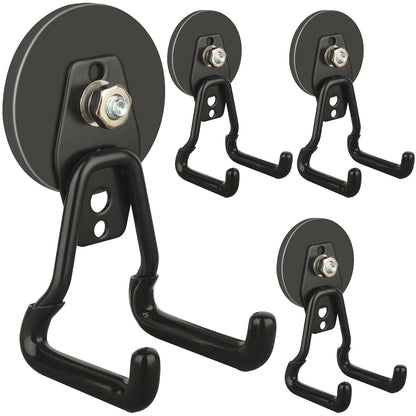 ULIBERMAGNET Upgraded Large Magnetic Hooks,Strong Heavy Duty Magnet Hooks for Power Drill,Broom,Garden Tools,Pegboard,Garage,Workshop,Hardware, 4 Pack Magnet Storage Holder for Hanging(Black)