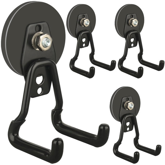 ULIBERMAGNET Upgraded Large Magnetic Hooks,Strong Heavy Duty Magnet Hooks for Power Drill,Broom,Garden Tools,Pegboard,Garage,Workshop,Hardware, 4 Pack Magnet Storage Holder for Hanging(Black)