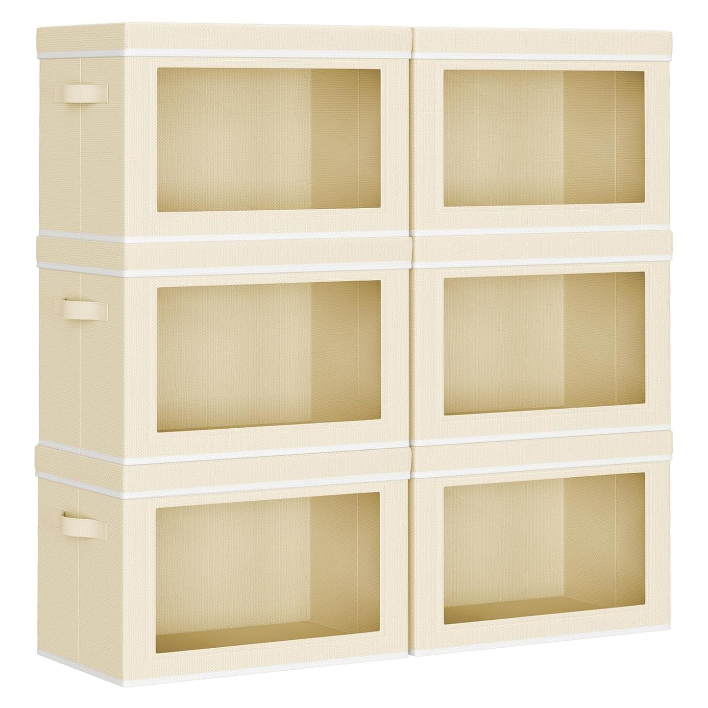 Collapsible & Stackable Fabric Storage Bins with Front Window, 6 Pack for Closet, Bedroom, Nursery, Home & Office, Beige, 14.9 x 9.8 x 9.8 Inches