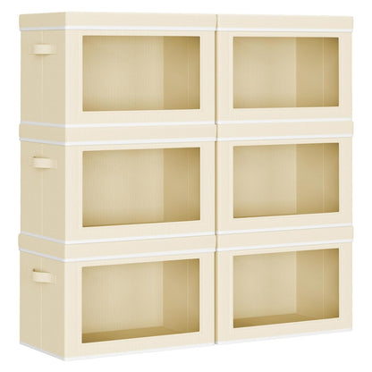Collapsible & Stackable Fabric Storage Bins with Front Window, 6 Pack for Closet, Bedroom, Nursery, Home & Office, Beige, 14.9 x 9.8 x 9.8 Inches