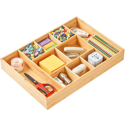 Extra Large Bamboo Desk Drawer Organizer, Wood Junk Organizer Tray with Adjustable Dividers, Anti-Skip Storage Organization in Office Bathroom Drawer for Vanity, Makeup, 17" x 12"