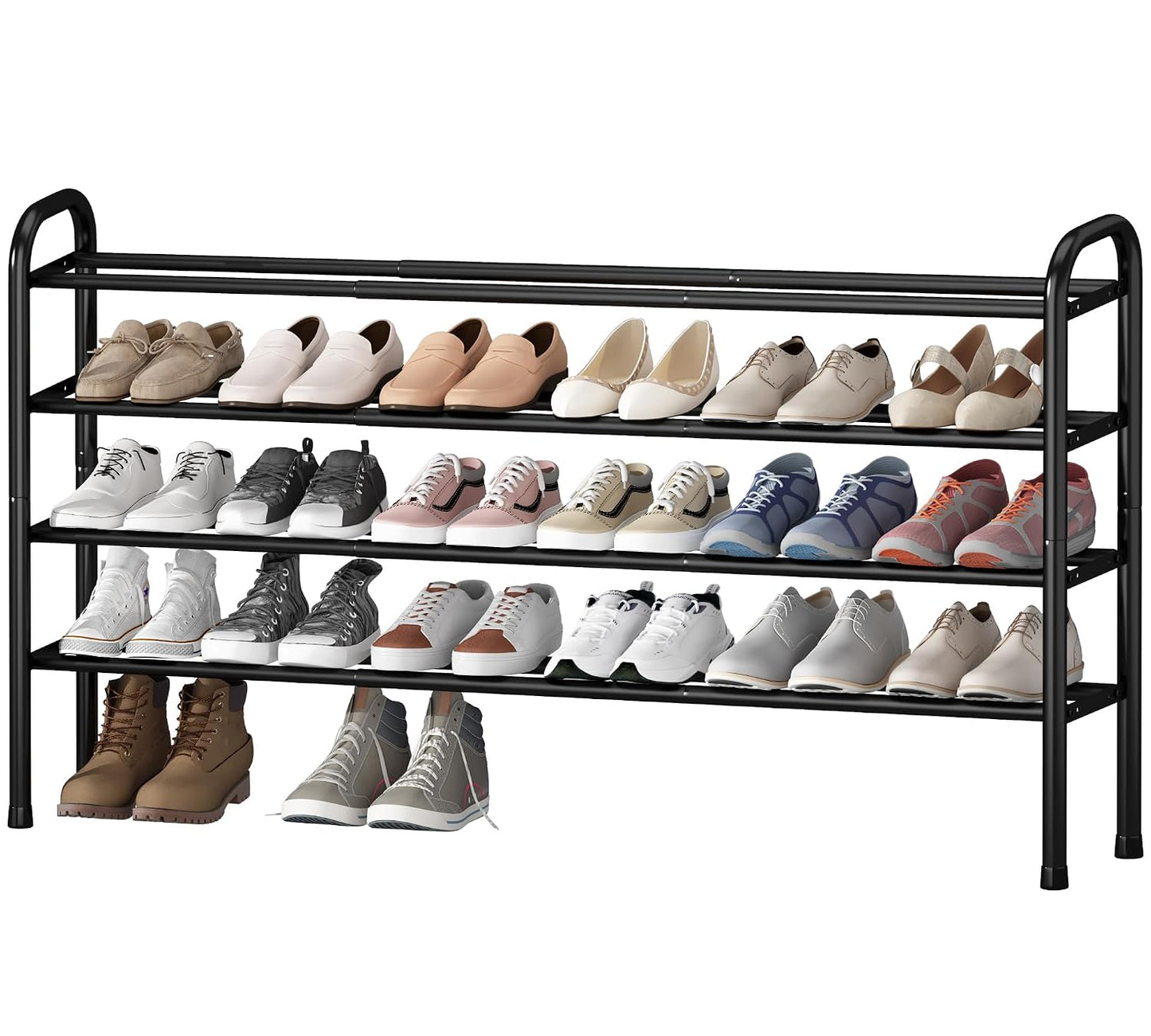 STO STO Long Expandable Shoe Rack 4-Tier, Adjustable Length 33.7”–47.5” Shoe Organizer, Metal Shoes Storage Shelf, Holds Up to 30 Pairs, Non-Slip Feet, for Closet, Entryway, Hallway, Front Door, Black
