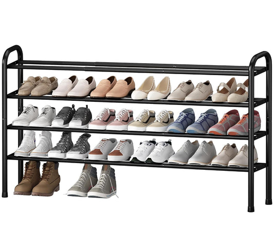 STO STO Long Expandable Shoe Rack 4-Tier, Adjustable Length 33.7”–47.5” Shoe Organizer, Metal Shoes Storage Shelf, Holds Up to 30 Pairs, Non-Slip Feet, for Closet, Entryway, Hallway, Front Door, Black