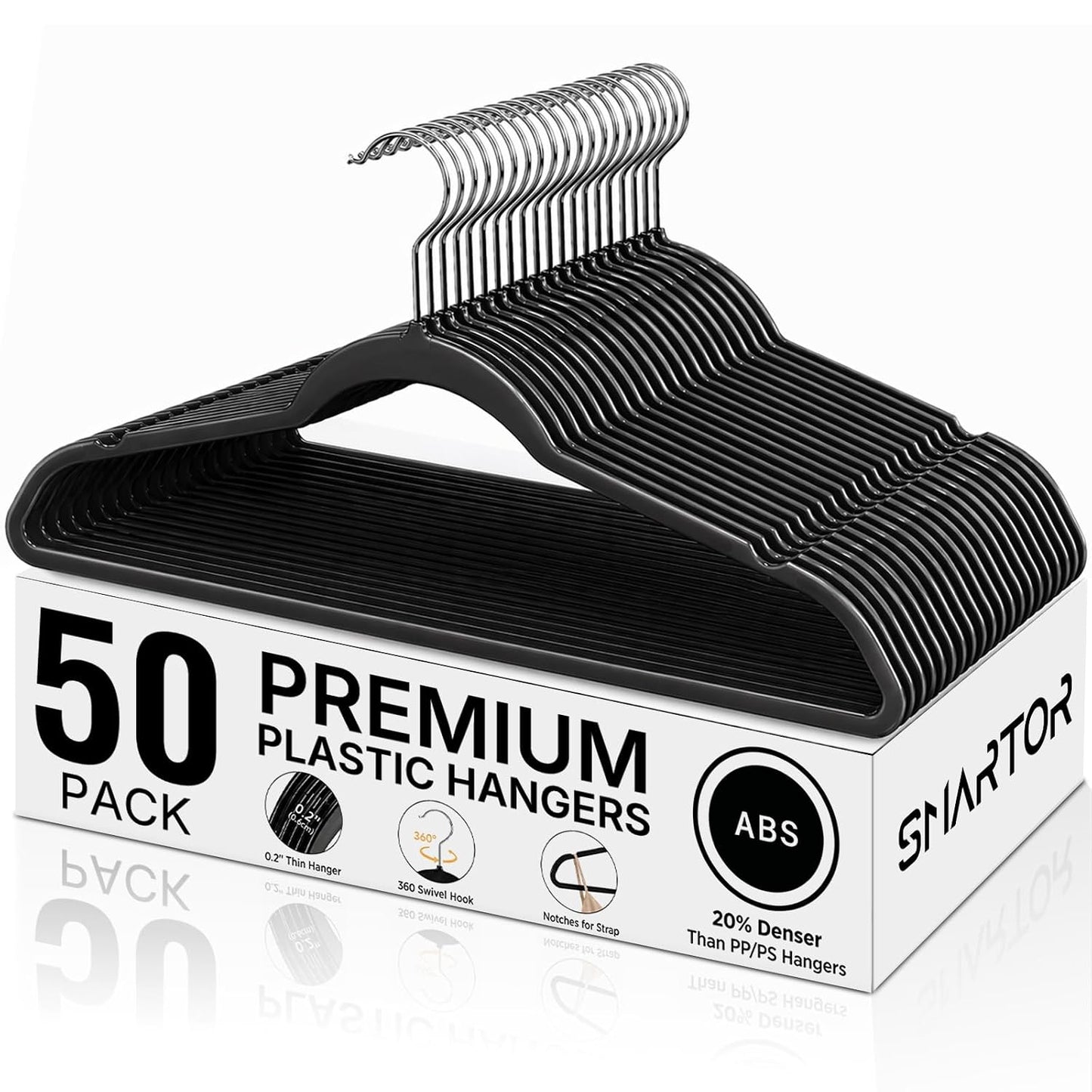 Plastic Hangers 50 Pack, Heavy Duty Plastic Hangers for Clothes | Non-velvet Slim Hangers with 360° Swivel Hook & Clothes Thin Hanger - Durable Coat Hangars, Space Saving Hanger - Black