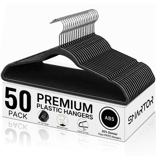 Plastic Hangers 50 Pack, Heavy Duty Plastic Hangers for Clothes | Non-velvet Slim Hangers with 360° Swivel Hook & Clothes Thin Hanger - Durable Coat Hangars, Space Saving Hanger - Black