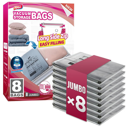 TAILI 8 Pack Vacuum Storage Bags, Jumbo LONG SIDE ZIP(39x28 inch), Clear | Vacuum Seal Bags for Clothing, Space Saver for Beddings, Comforters, Blankets, Pillows