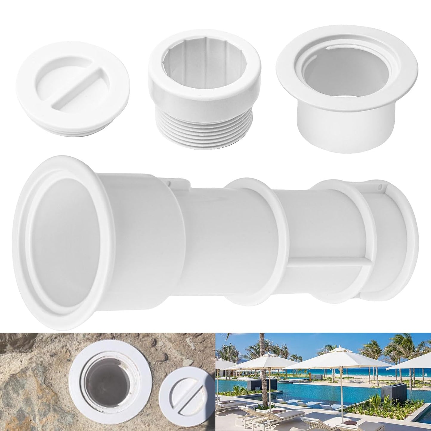 US105 Umbrella Stand with Sleeve and Center Cap, 7 1/2" Stand with Sleeve, for Umbrellas, Volleyball Poles and Tiki Torches, 1 1/2" - 1 3/4" Hole Can be Installed on Floor, Step or Deck - White
