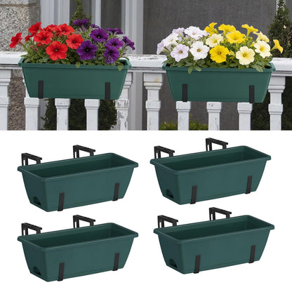 CADUKE 4 Pack Railing Planter Box 16.9 Inches Window Flower Boxes with Metal Brackets Balcony Planters Railing Hanging Fence Planter Plastic Outdoor Deck Railing Planter Boxes, Green