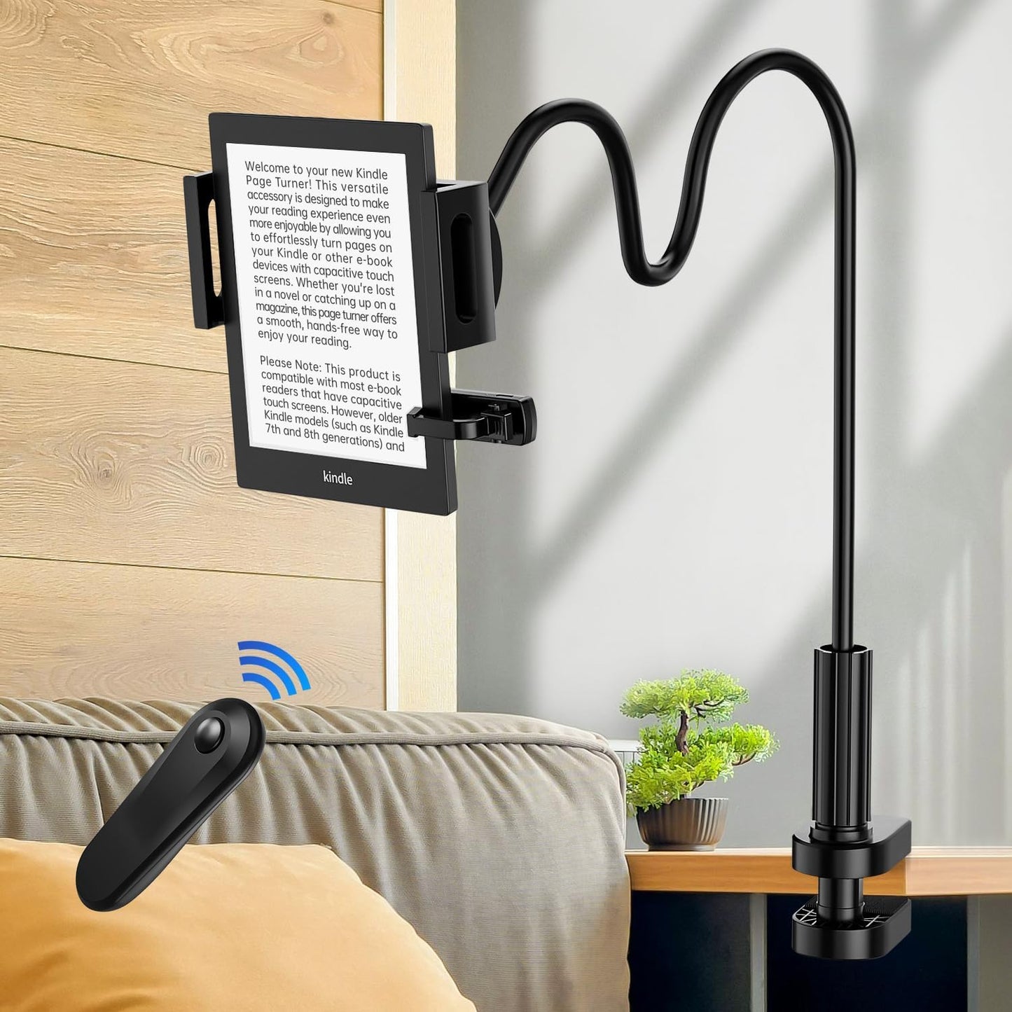 Kindle Holder with Remote Page Turner | Hands-Free Stand for Reading in Bed or Desk – Compatible with Kindle Paperwhite, Oasis, iPad, iPhone, and More | Fits Devices from 4.5” to 10”