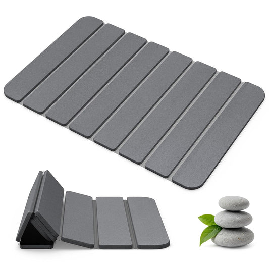 Foldable Stone Bath Mat for Bathroom, Non-Slip Mat, Quick Dry 24" x16" Grey | Large Super Absorbent Diatomaceous Earth Mats, Quick Drying, Eco-Friendly Easy to Clean, Easy Storage, Silicone Non-Slip Base