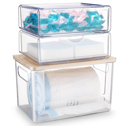 3Pcs Extra Large Laundry Room Organization and Storage, Stackable Storage Drawers, Trash Bag Holder Under Sink, Garbage Bag Dispenser Roll Holder for Vanity, Bathroom,Cabinet,Desk Organization