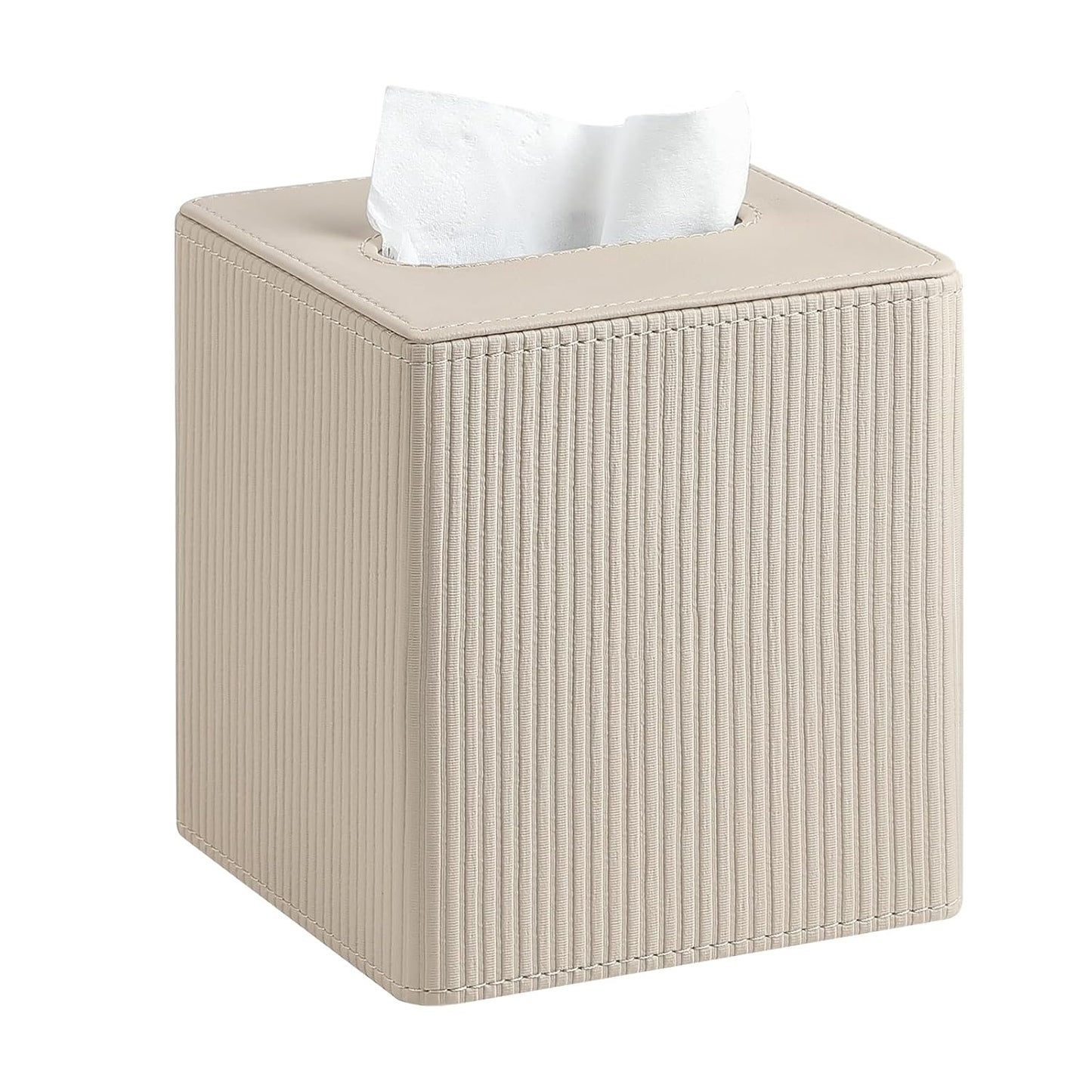 PU Leather Square Tissue Box Cover Tissue Box Holder Cube (Beige) | Magnetic Bottom, Soft Velvet Lining, Decorative Modern Design, Aesthetic Stripes, For Bathroom