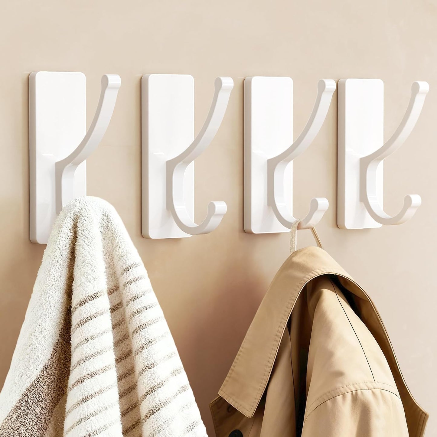 pickpiff Adhesive Wall Hooks with Strip - No Residue, Easy to Remove, Strong Heavy Duty Sticky Towel Hook, 4 Pack White