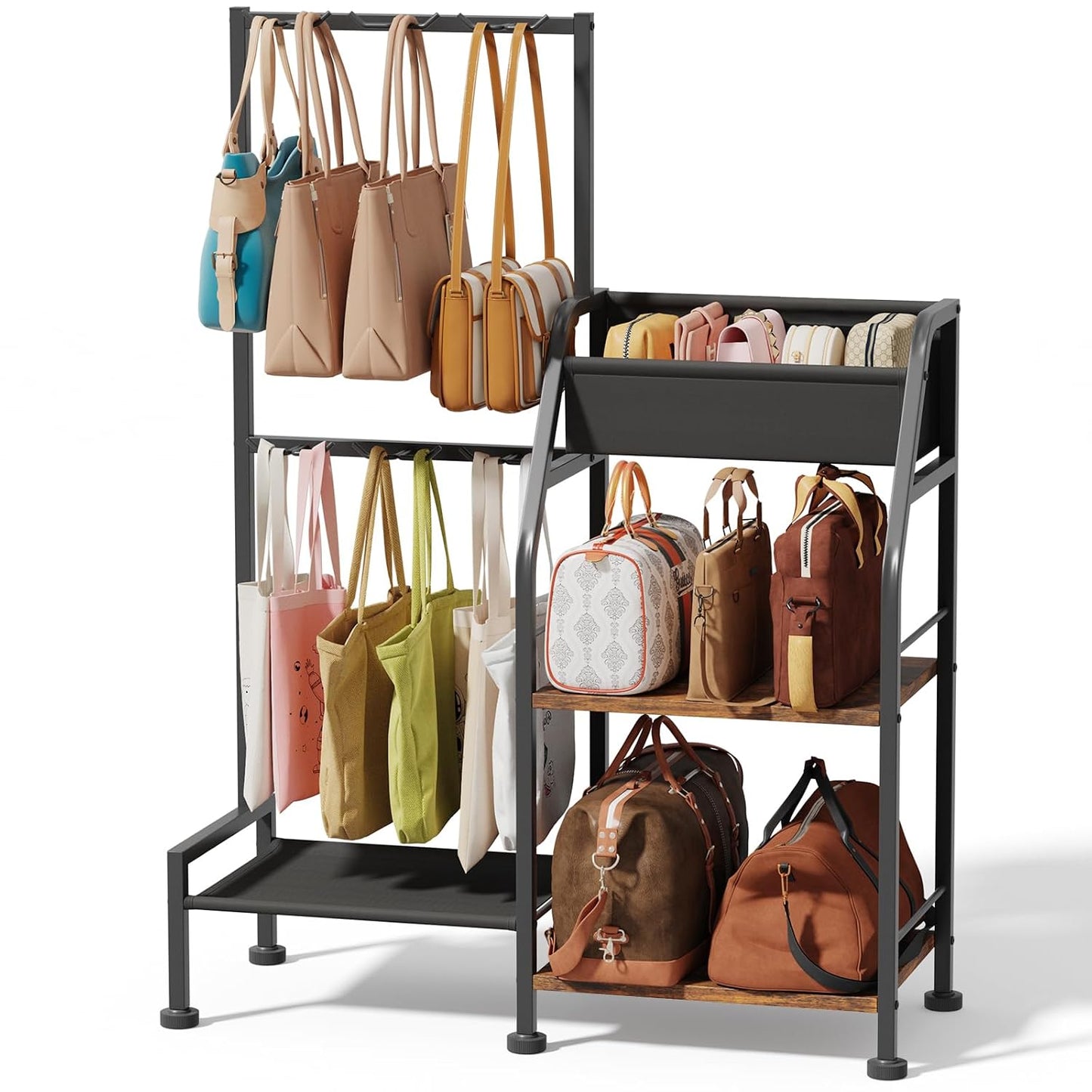 Purse Organizer for Closet - Purse Rack Stand with 12 Hooks, 2 Wooden Shelves Purse Storage for Closet, Large Capacity Backpack Storage, Handbag Organizer for Home, Living Room, Black