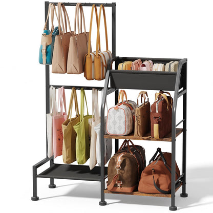 Purse Organizer for Closet - Purse Rack Stand with 12 Hooks, 2 Wooden Shelves Purse Storage for Closet, Large Capacity Backpack Storage, Handbag Organizer for Home, Living Room, Black