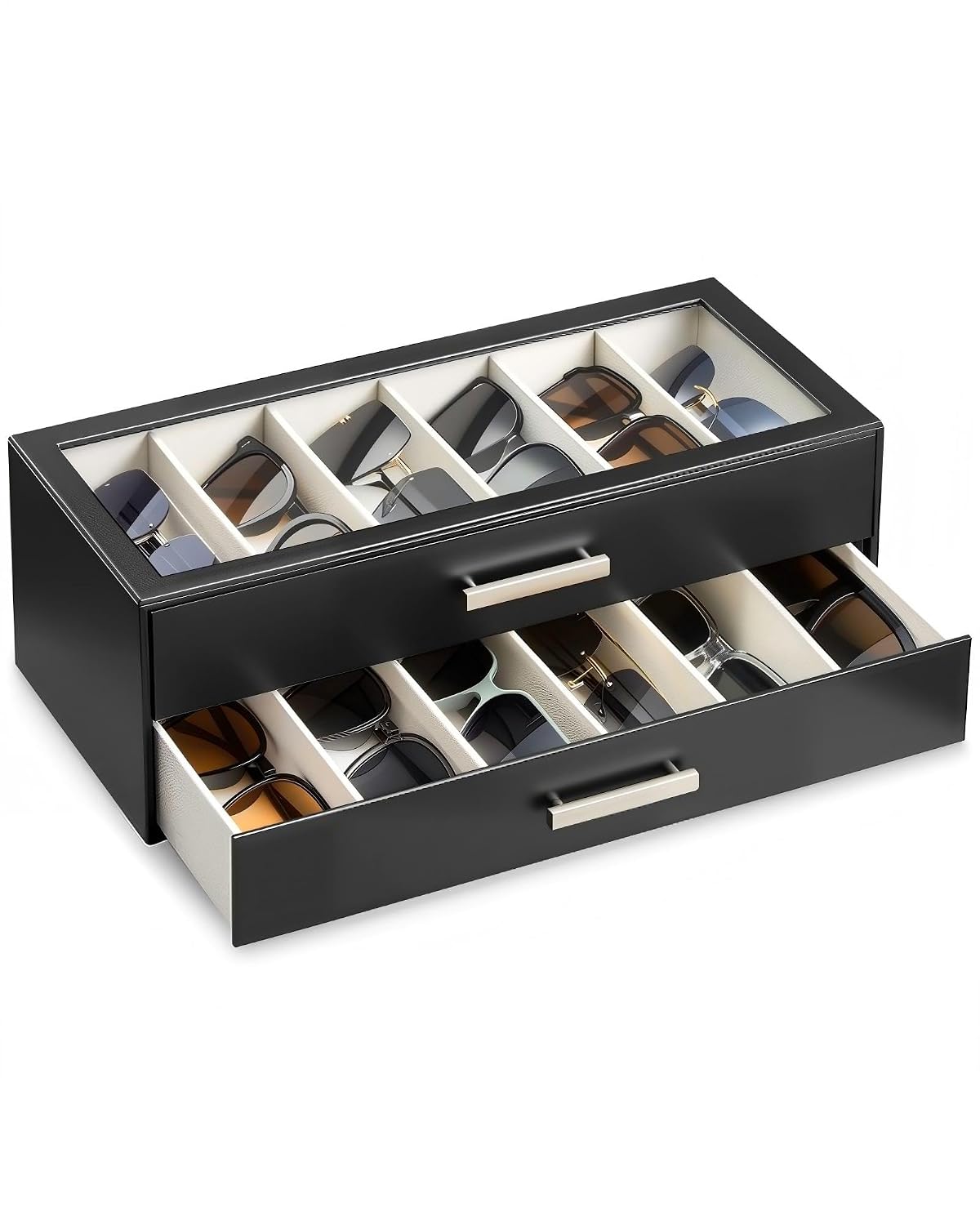 ProCase Sunglasses Organizer Box with Clear Glass Lid, PU Leather Eyeglass Storage Display Case for Men and Women