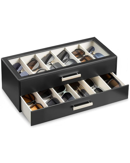 ProCase Sunglasses Organizer Box with Clear Glass Lid, PU Leather Eyeglass Storage Display Case for Men and Women