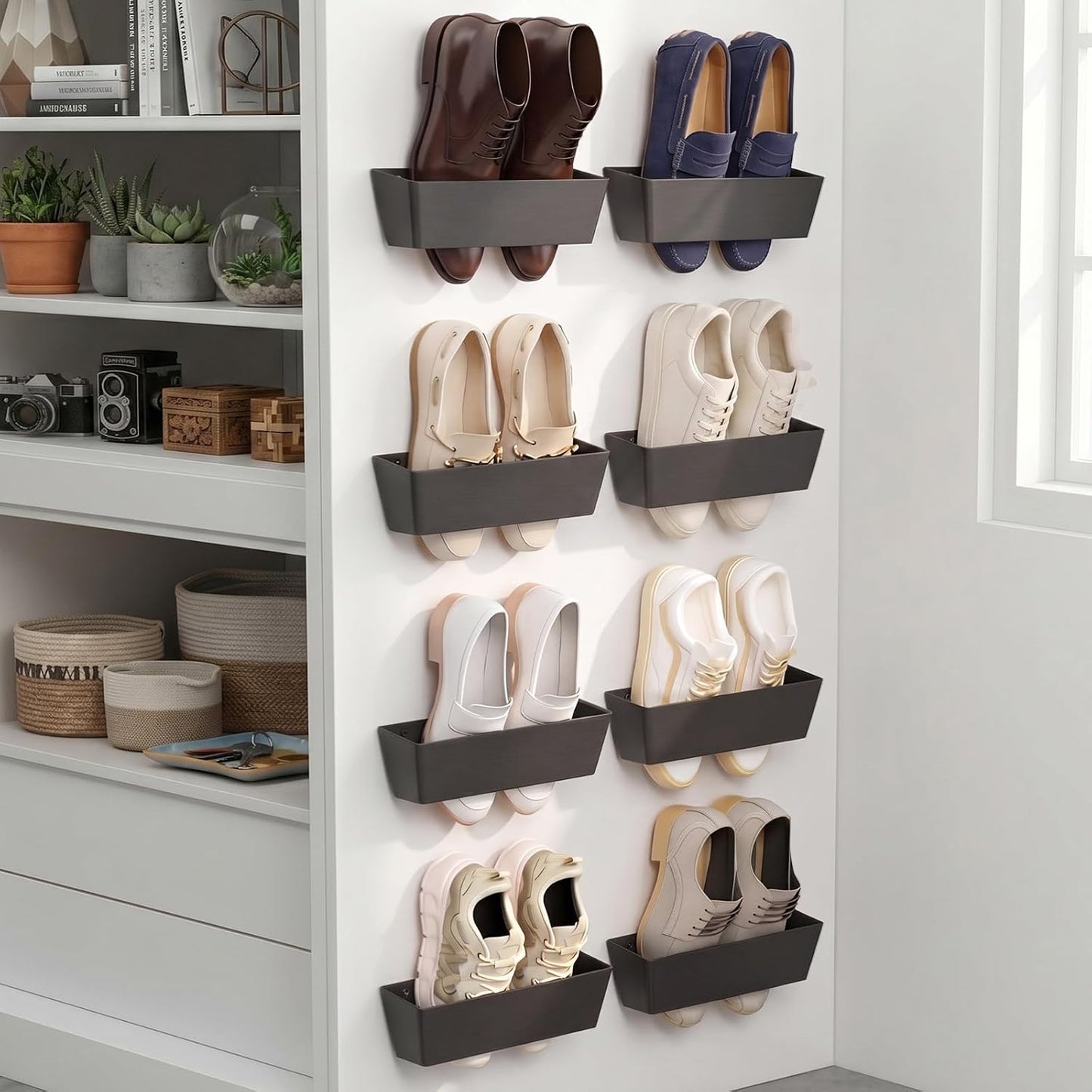 Novabright 8 Pack Wall Mounted Shoes Rack Storage with Sticky Strips Plastic Hanging Shoes Holder Organizer for Entryway Closet Bathroom Door RV Camper Sandals Sneakers Slippers, Black