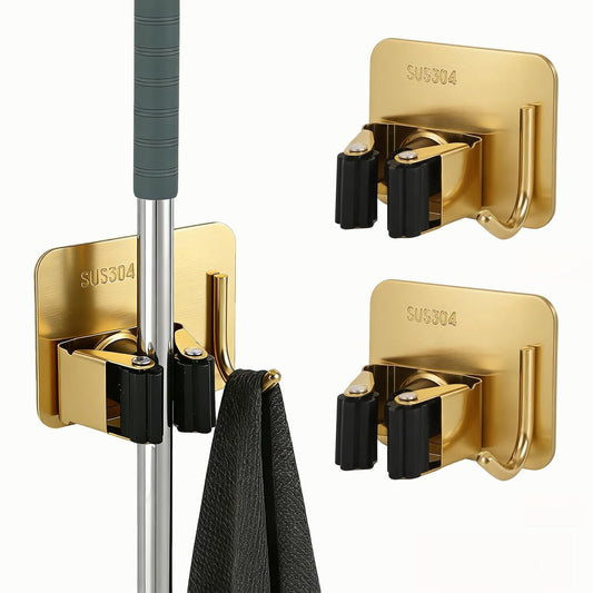 Mop and Broom Organizer Wall Hanging No Drill,Metal Utility Tool Hangers Wall Mountable,Garage Closet Organizer Heavy,Storage Rack Self Adhesive 2Pcs for Bathroom, Kitchen, Office,Laundry.Gold