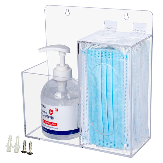 Mask Dispenser and Hand Sanitizer Acrylic Mask Storage Box Holder Stand Wall Mount or Countertop，Hygiene Station with 2 Compartment Clear Box for Home，Office，Car