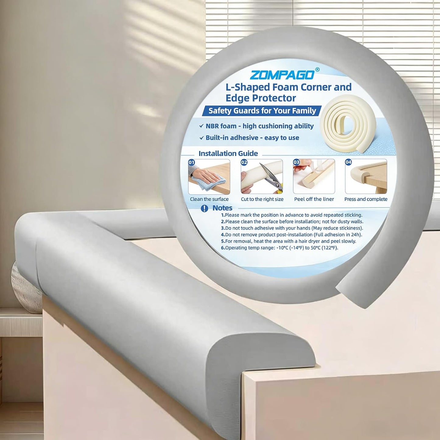 ZOMPAGO Foam Baby Edge Protector Strip Furniture Safety 1.8inx6.56FT（Grey） | Foam material, edge & corner protective,fit table wall bed frame,anti-collision,infant baby proofing,soft shock absorption