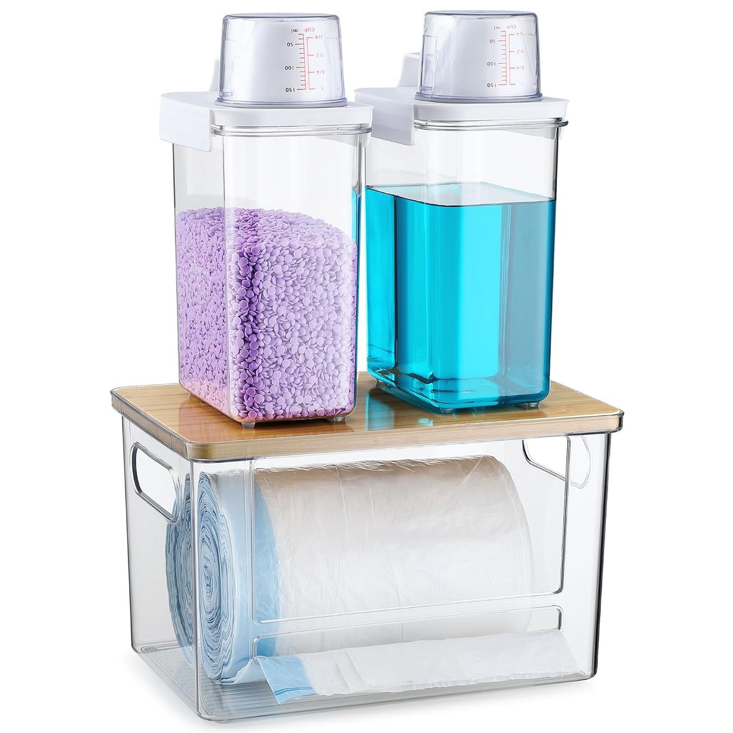 Trash Bag Dispenser Holder, 3-in-1 Laundry Detergent Dispenser Under Sink Organizer Box & Bamboo Lid, Clear Laundry Room Organization and Storage, Kitchen Garbage Bags Storage Container