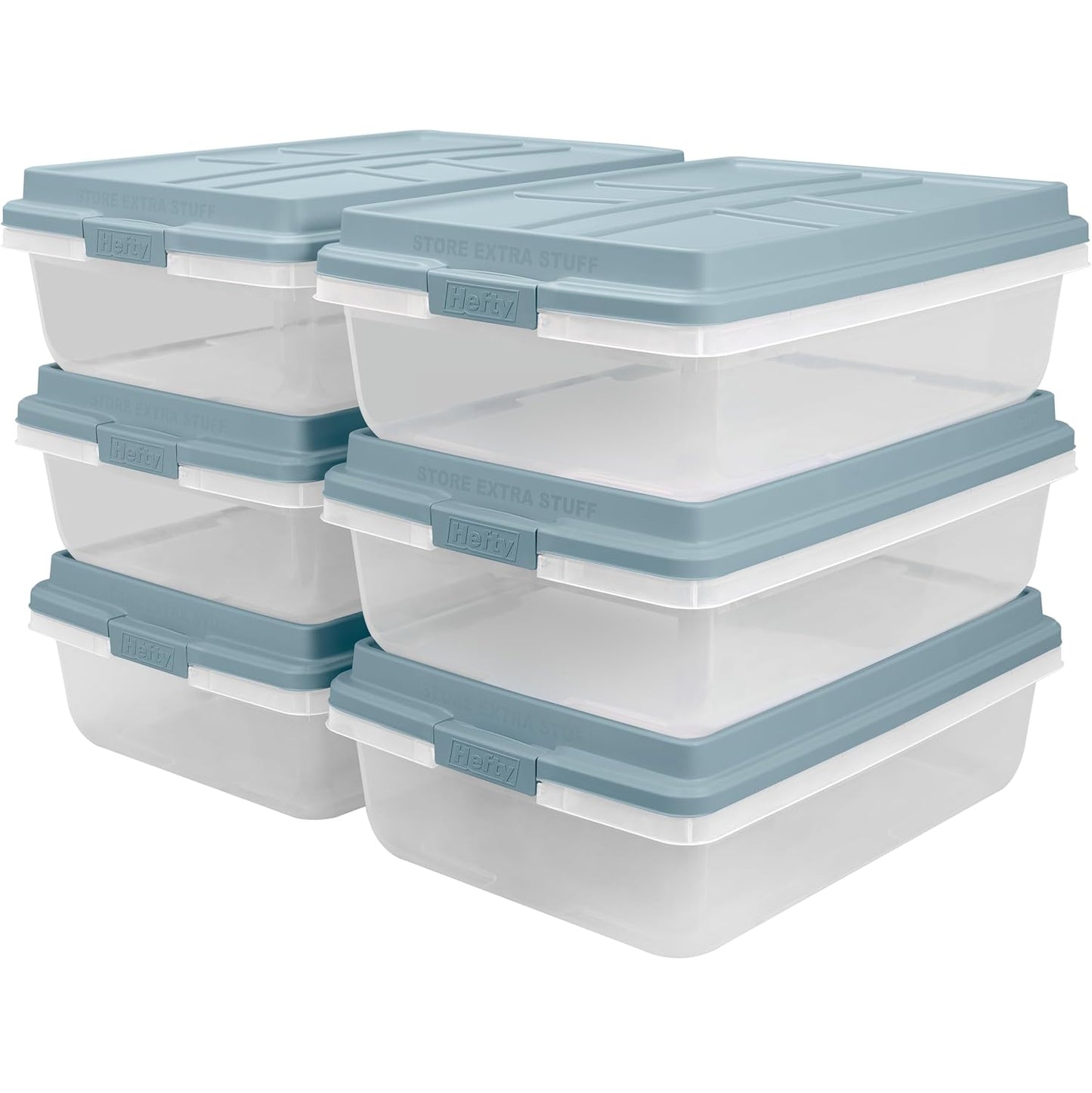 Hefty 40 Quart Hi-Rise Storage Bin with Lid, Stackable Plastic Container Tote for Home, Office, and Classroom Organization, 6 Pack, Smoke Blue