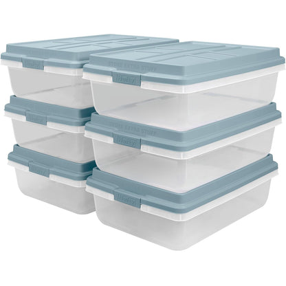 Hefty 40 Quart Hi-Rise Storage Bin with Lid, Stackable Plastic Container Tote for Home, Office, and Classroom Organization, 6 Pack, Smoke Blue