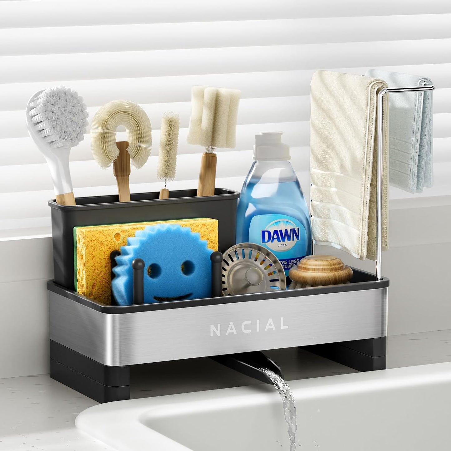Kitchen Sink Caddy Organzier with High Brush Holder, Sponge Holder for Kitchen Sink with Two Towel Racks - Rustproof 304 Stainless Steel Kitchen Countertop Storage Essentials