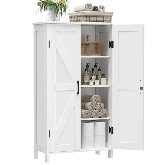 43.3" H Farmhouse Bathroom Storage Cabinet with Adjustable Shelves | Freestanding Storage Cabinet with Barn Doors for Bathroom, Kitchen, Living Room, Dining Room & Entryway, White